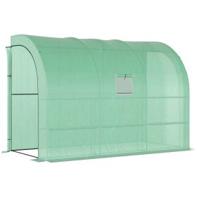 Outsunny 10' x 5' x 7' Lean to Greenhouse, Walk-In Green House, Plant Nursery with 2 Roll-up Doors and Windows, PE Cover and 3 Wire Shelves, Green