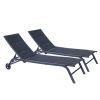Outdoor 2-Pcs Set Chaise Lounge Chairs; Five-Position Adjustable Metal Recliner; Black
